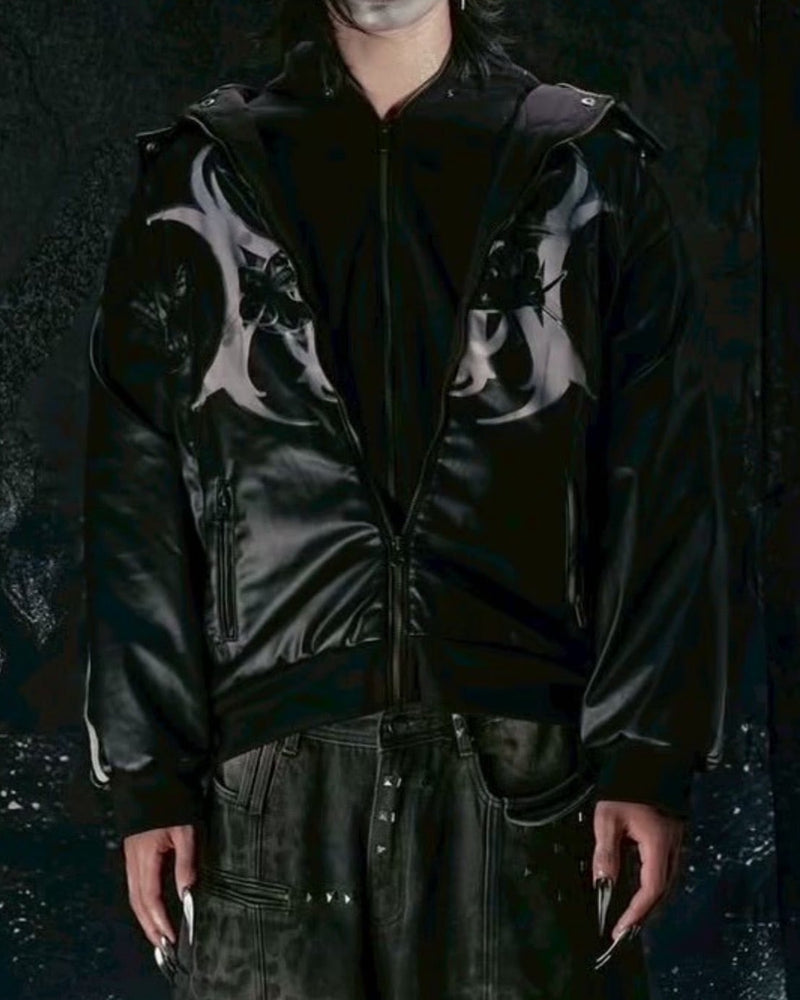 【Cozy world Wide】"BBY TECHBOI" 2 LAYER LEATHER SHELL HOODED JACKET / 【コージーワールドワイド】グラフィックレイヤードフードジャケット