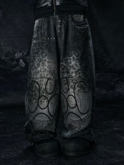 【Cozy world Wide】"25 LEOPARD" WAXED GREY BAGGY JEANS / 【コージーワールドワイド】スタッズレオパードバギーデニムパンツ