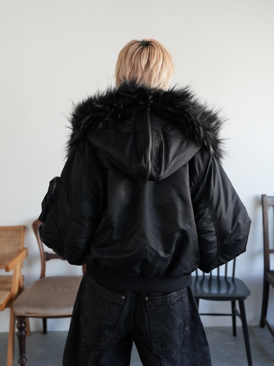 ジャケット・アウター Chikashitsu +hooded cropped fur blouson CHIKASHITSU PLUS HIGH】N-2B cropped hood blouson (nylon