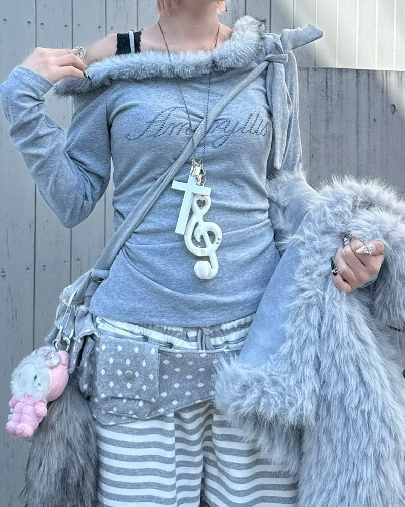 受注制【nmtc +】fur one shoulder long sleeve / 【エヌエムティーシープラス】ファーワンショルダー長袖Tシャツ (3color)