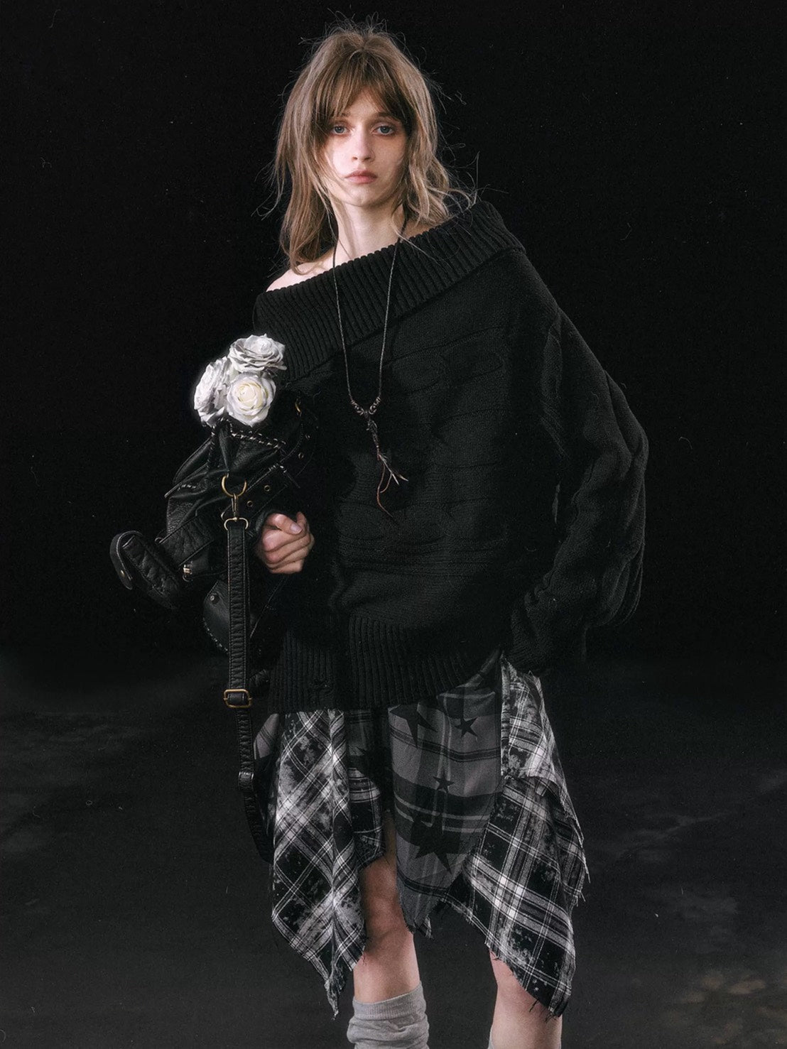 【Cest Nous】Star-Patterned Plaid Asymmetrical Skirt