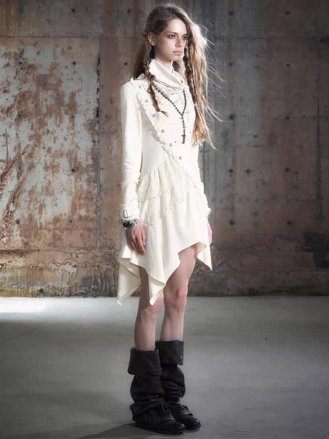 【Cest Nous】Beige Cowl Neck Dress / 【セヌー】ハイネックアシンメトリーフリルワンピース