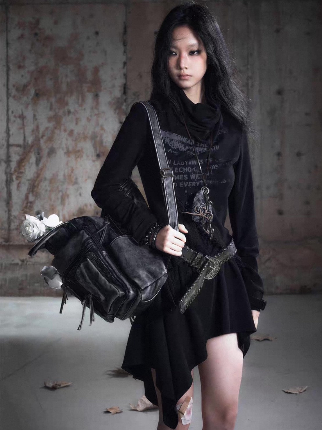【Cest Nous】Black Cowl Neck Dress / 【セヌー】ハイネックアシンメトリーフリルワンピース