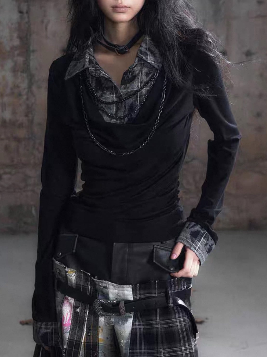 【Cest Nous】Plaid Necklace Top / 【セヌー】チェーン付きレイヤードシャツ