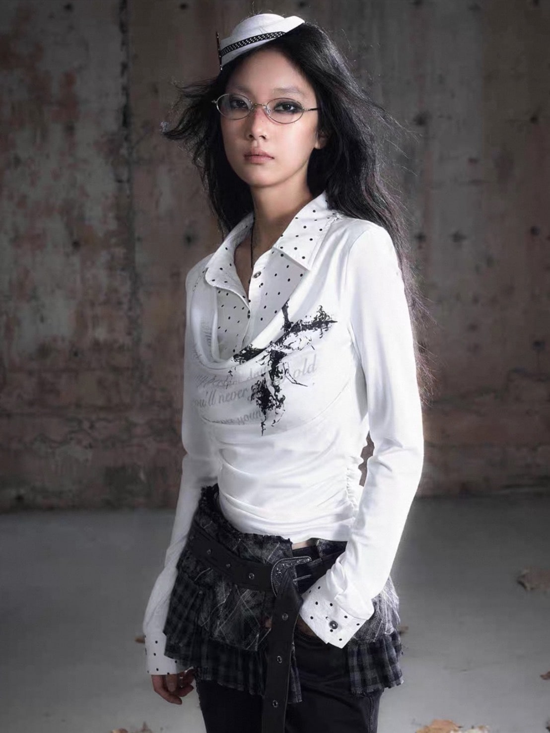 【Cest Nous】White Polka Dot Top / 【セヌー】レイヤードドットシャツ