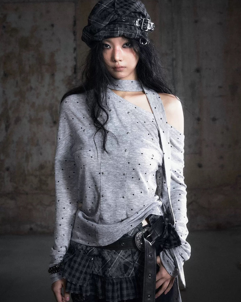 【Cest Nous】Grey Polka Dot Top / 【セヌー】タイ付きワンショルダー長袖トップス