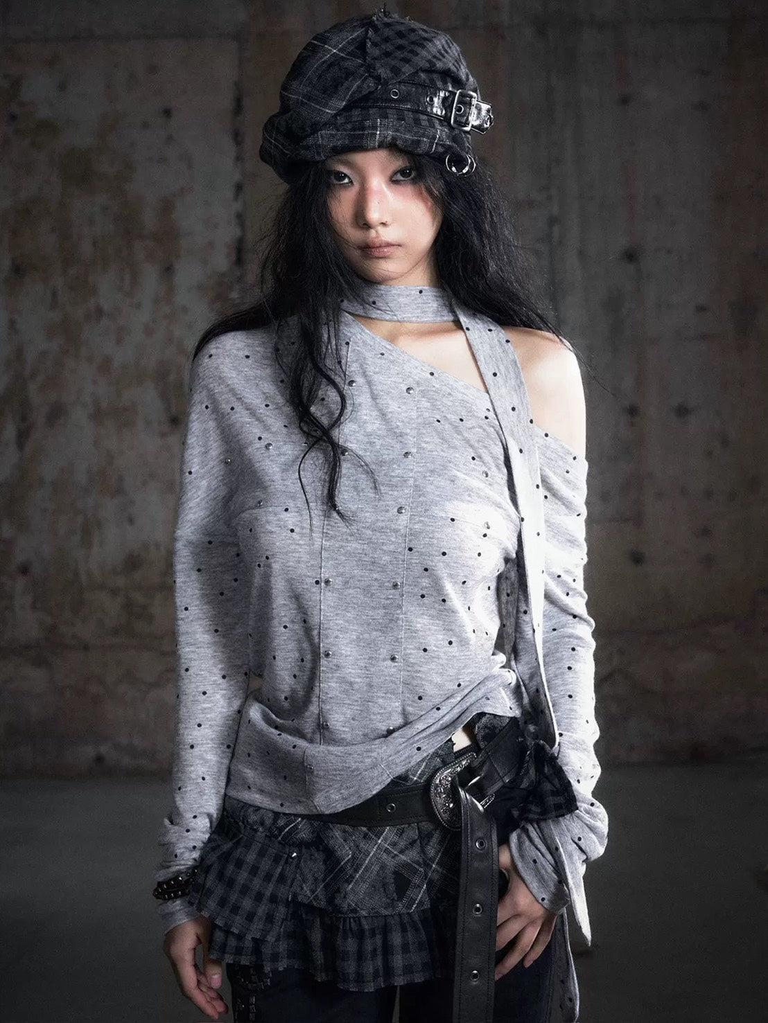 【Cest Nous】Grey Polka Dot Top / 【セヌー】タイ付きワンショルダー長袖トップス