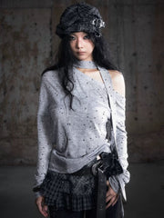 【Cest Nous】Grey Polka Dot Top / 【セヌー】タイ付きワンショルダー長袖トップス