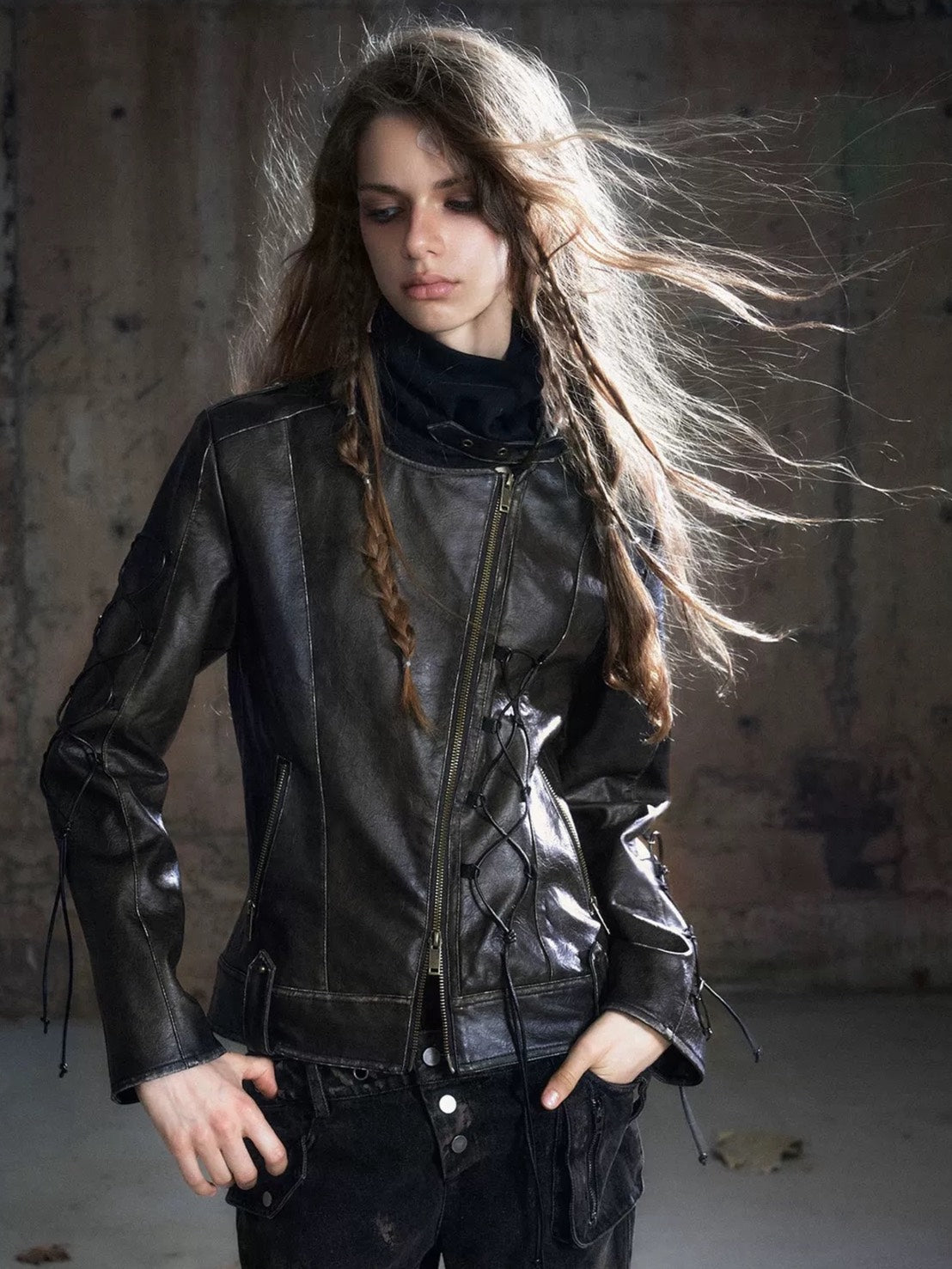 【Cest Nous】Lace-up Non-leather Jacket / 【セヌー】ハイネックコーティングレースアップジャケット