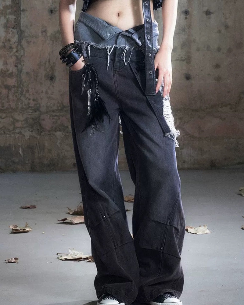 【Cest Nous】Black & Red Wide-Leg Pants / 【セヌー】ダブルウエストダメージデニムパンツ
