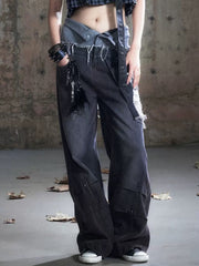 【Cest Nous】Black & Red Wide-Leg Pants / 【セヌー】ダブルウエストダメージデニムパンツ