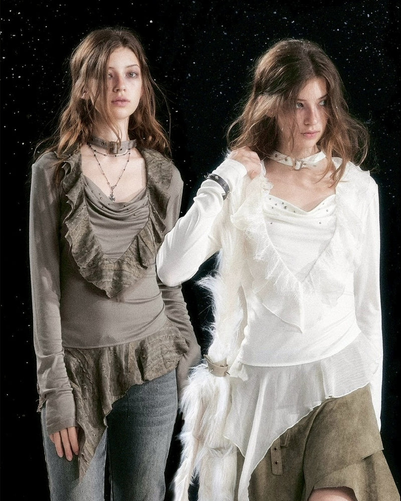 【Cest Nous】Ruffle hem top / 【セヌー】チョーカー付きアシンメトリーフリルトップス