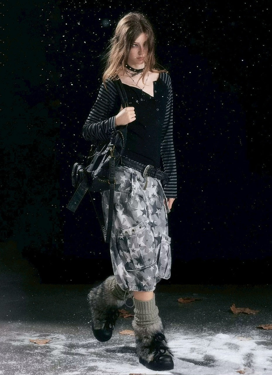 【Cest Nous】Asymmetric henley neck top / 【セヌー】ボーダースリーブ長袖Ｔシャツ