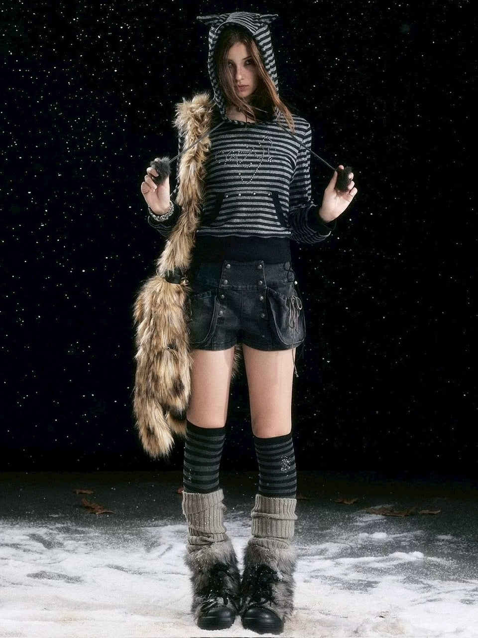 【Cest Nous】Striped cat-ear Striped cat-ear pullover parker / 【セヌー】ボーダーキャットイヤープルオーバーパーカー