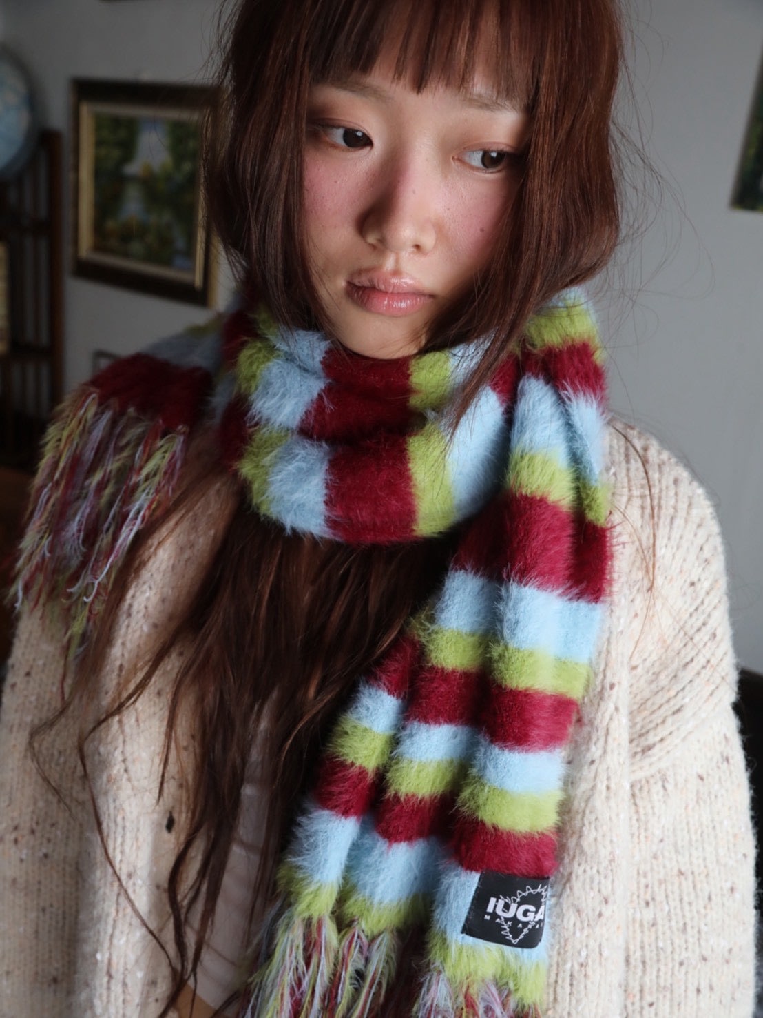 【IUGAMAKARAS】Striped Hairy Bold Muffler