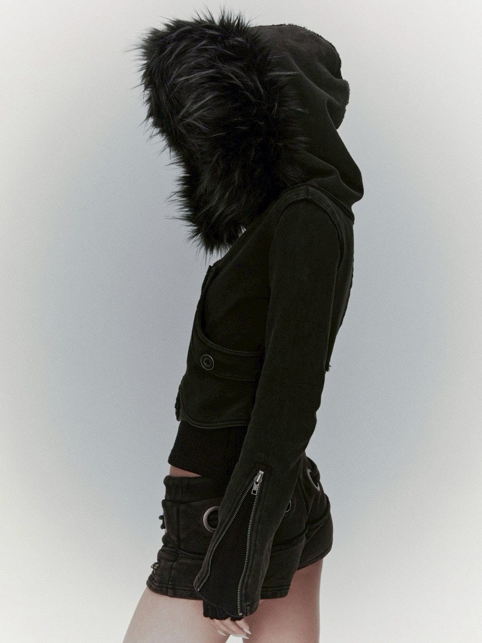 【bonienkiye】Distressed Seam Fur Hood Zip-Up