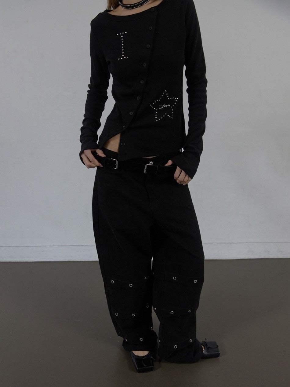 【SETUP‐EXE】STAR BUTTON TOP / 【セットアップエグゼ】ラインストーンボタン長袖Tシャツ