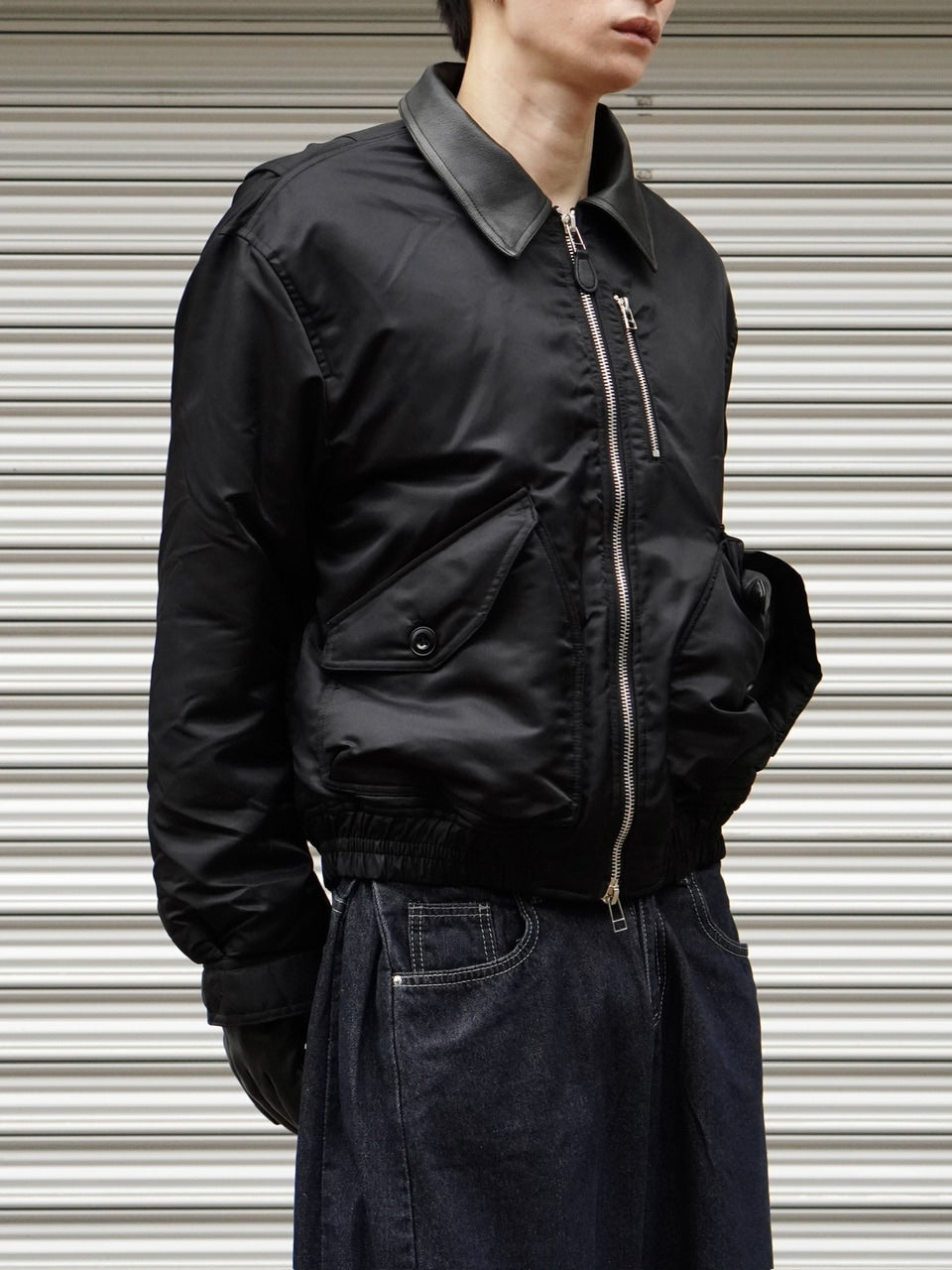 東京店WEB限定【Chikashitsu +】leather collar bomber jacket / 【チカシツプラス】レザーカラーボンバージャケット (2color)