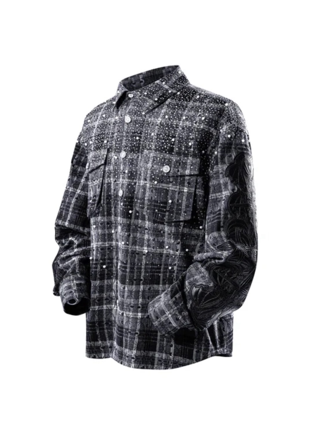 【The Boy Has No Patience】TBHNP LUMINOUS DAWN RHINESTONE PEARL BAT PATTERN L-S SHIRT / 【ザボーイハズノーペーシェンス】ラインストーンチェックシャツ