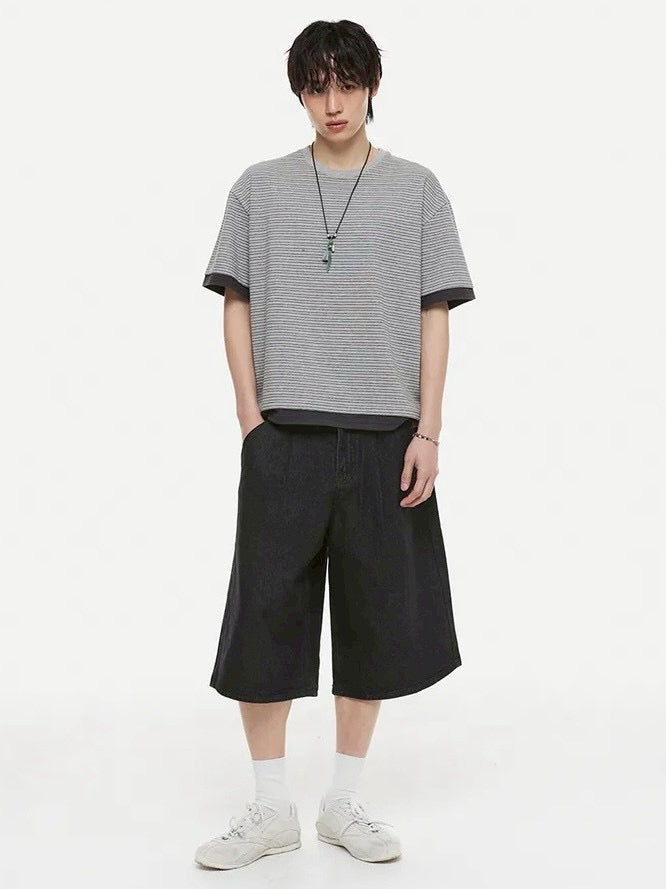【DNSR】Layered Stripe Crop T-Shirt