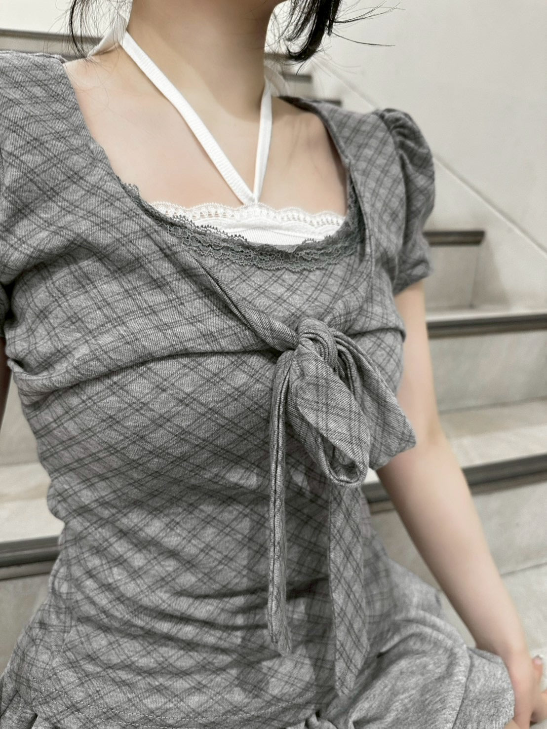 受注制【nmtc+】French Ribbon Check Top (2color)