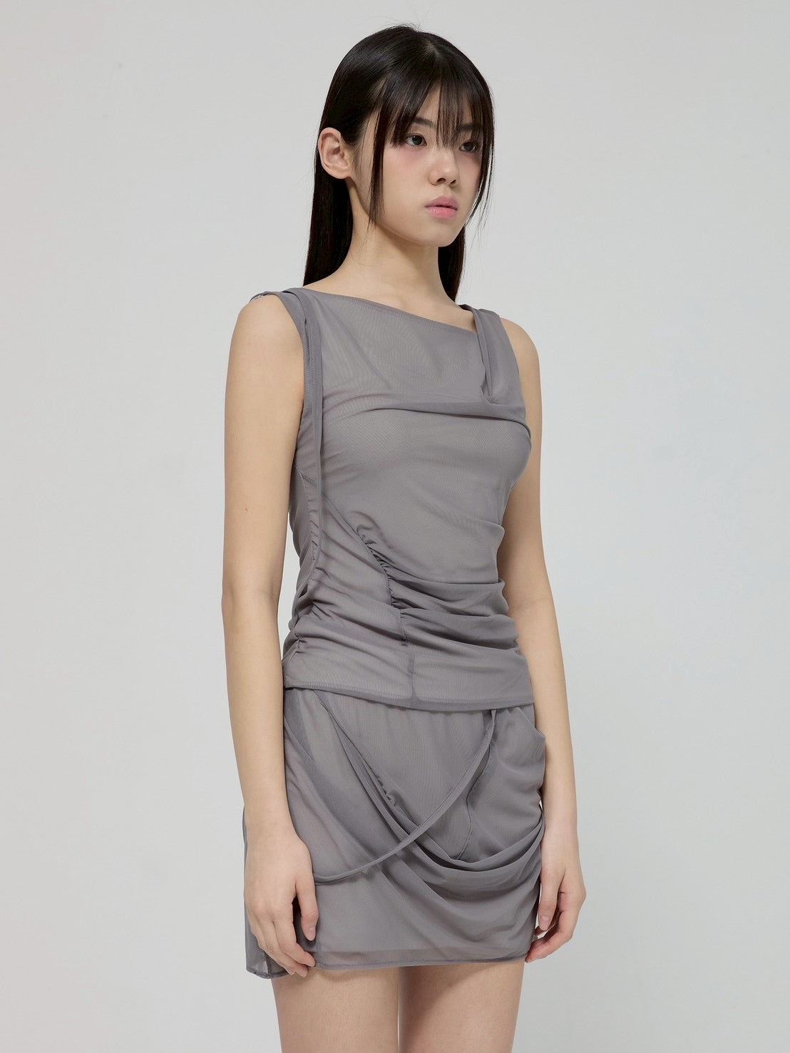 6/22 21:00発売【FLAREUP】Draped Mesh Layered Mini Skirt