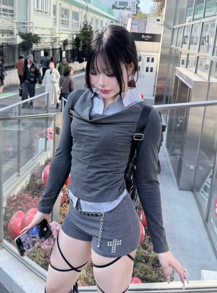 3/1 20:00発売 受注制【nmtc +】draep layered shirts / 【エヌエムティーシープラス】ドレープレイヤード長袖Tシャツ (2color)