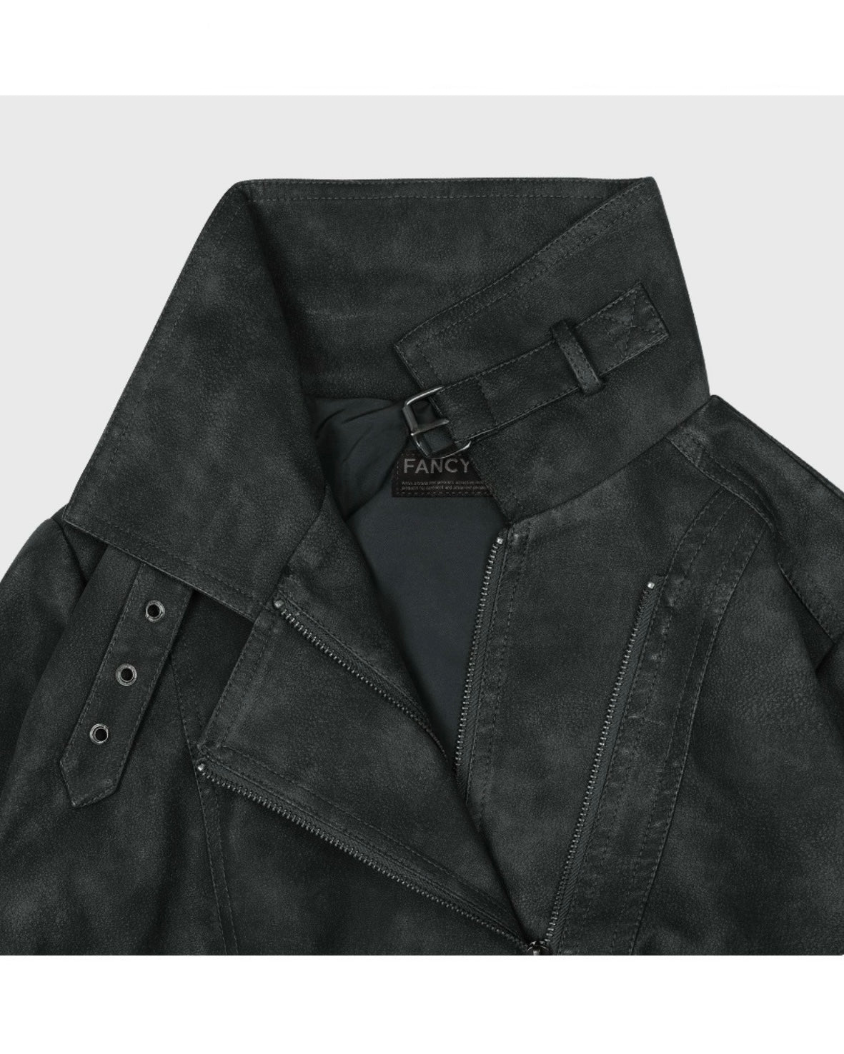【FANCY CLUB】HIGH-NECK RIBBED LEATHER JACKET