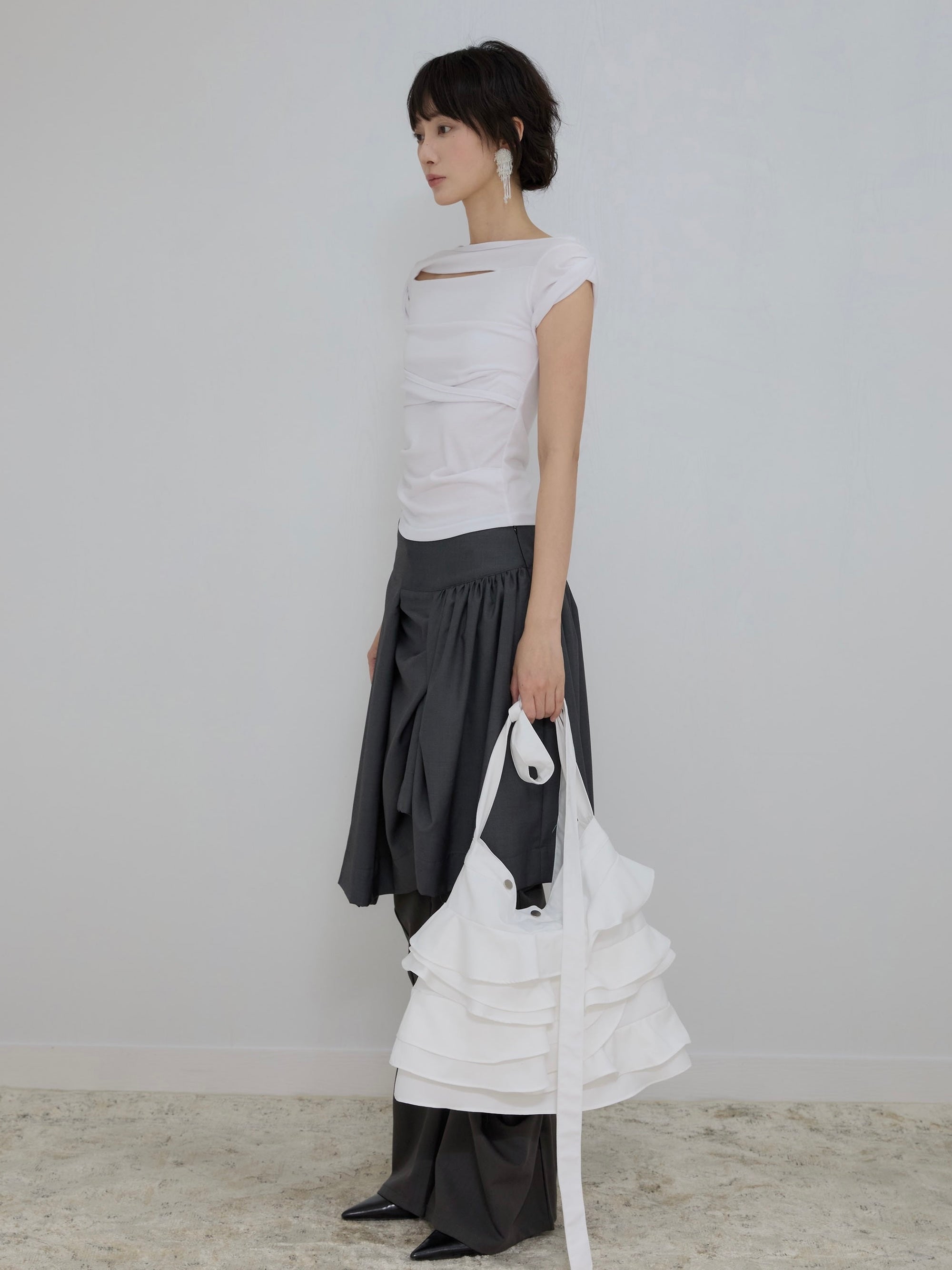 6/22 21:00発売【FLAREUP】Asymmetrical Draped Roll-Up T-Shirt