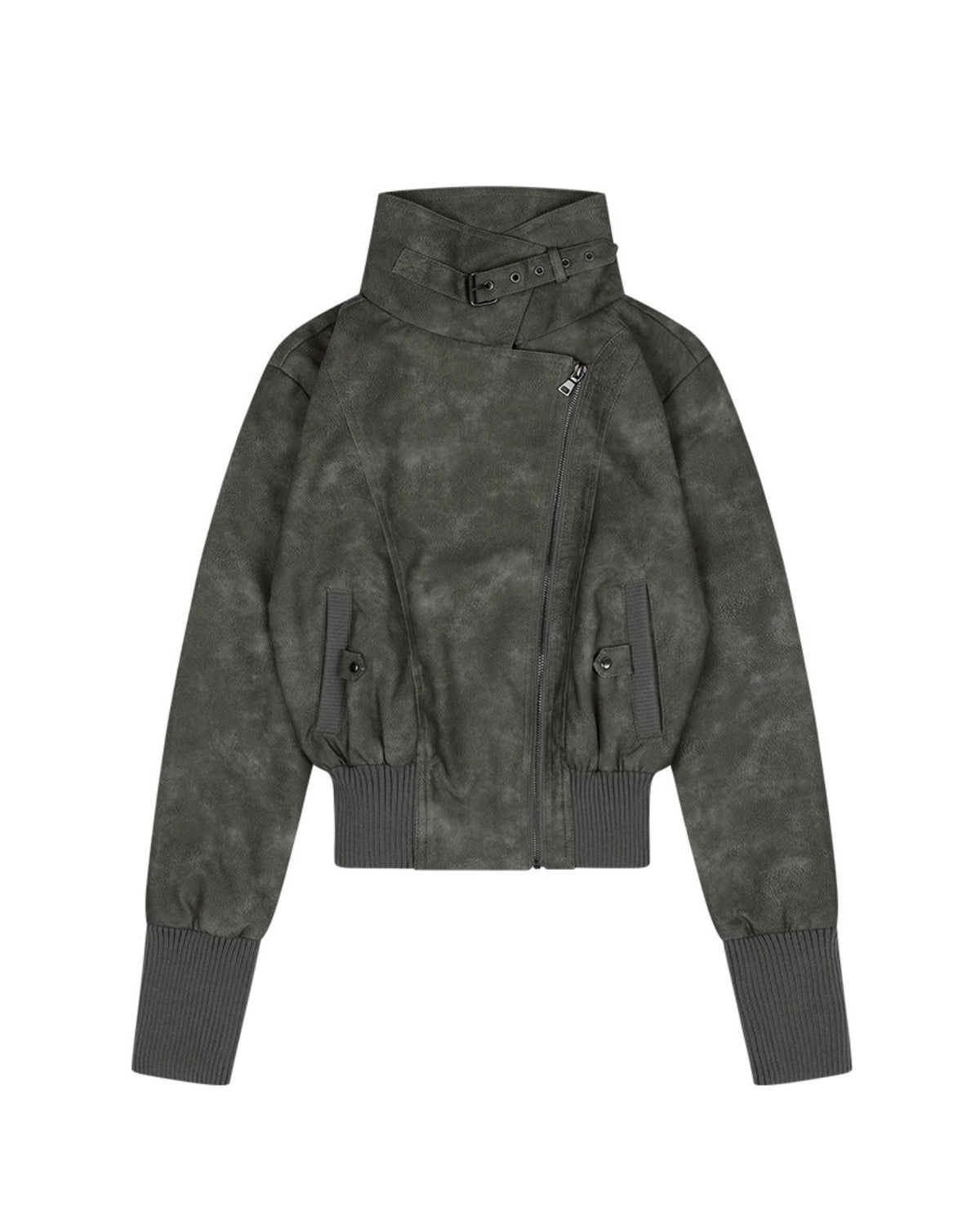 【FANCY CLUB】HIGH-NECK RIBBED LEATHER JACKET