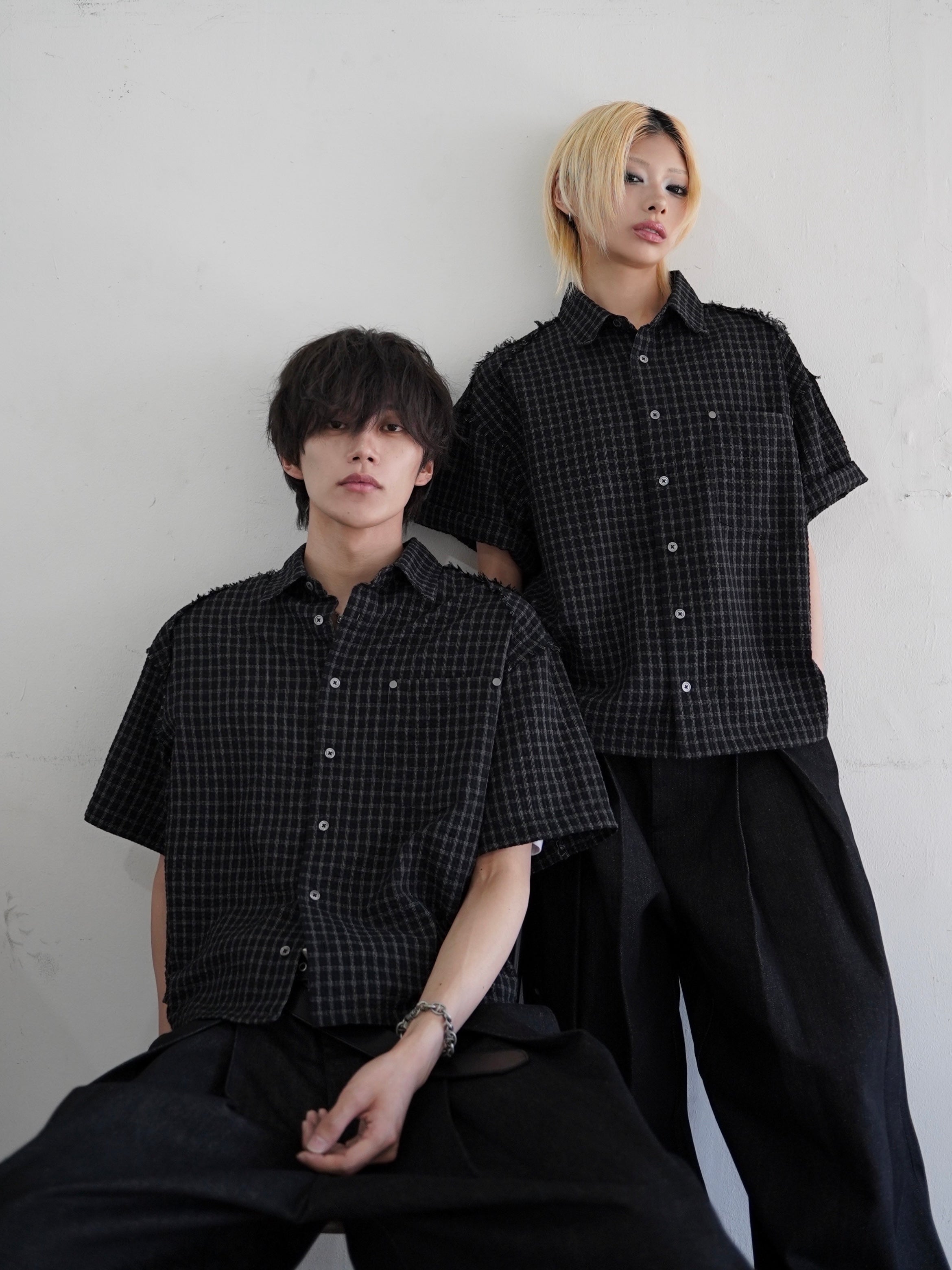 5/23 20:00発売【CHIKASHITSU PLUS HIGH】Raw edge seersucker check shirt