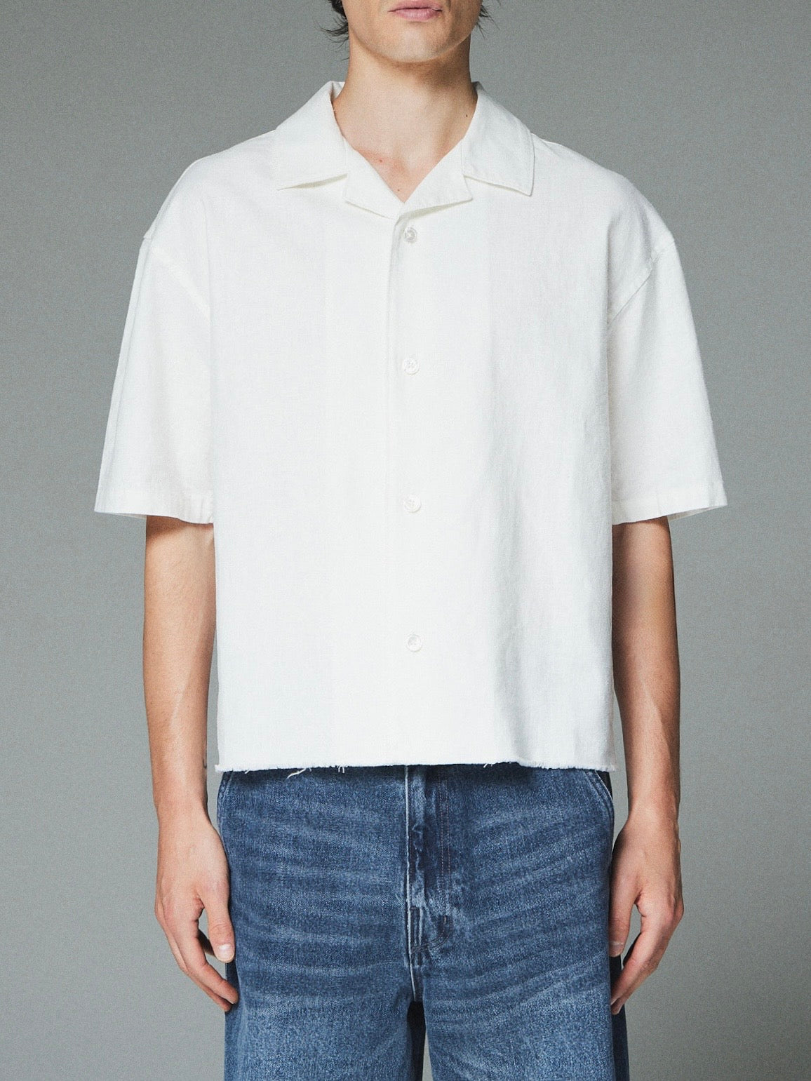 【CS】cut off linen open collar shirt