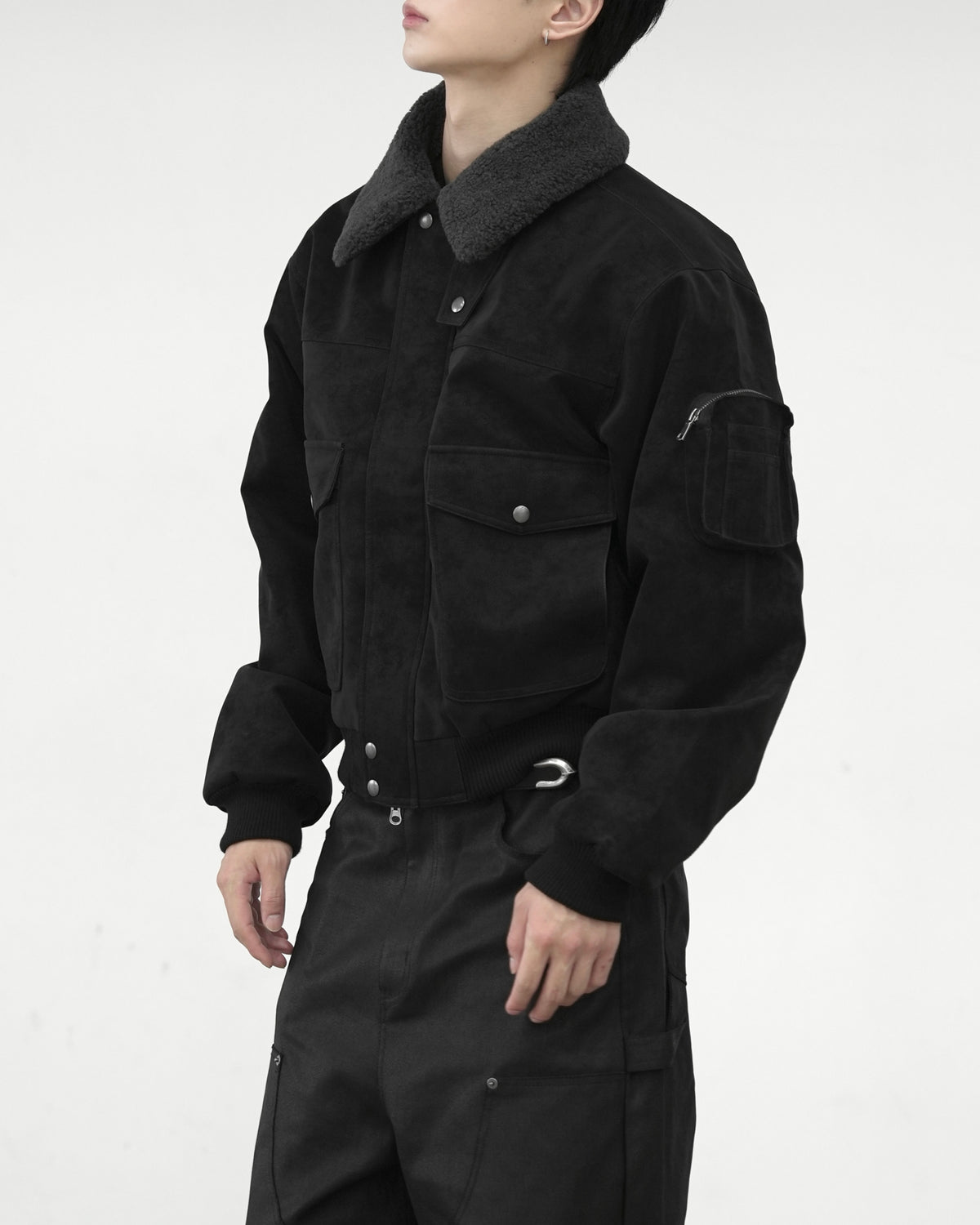 【CHIKASHITSU PLUS HIGH】Boa collar faux leather flight jacket