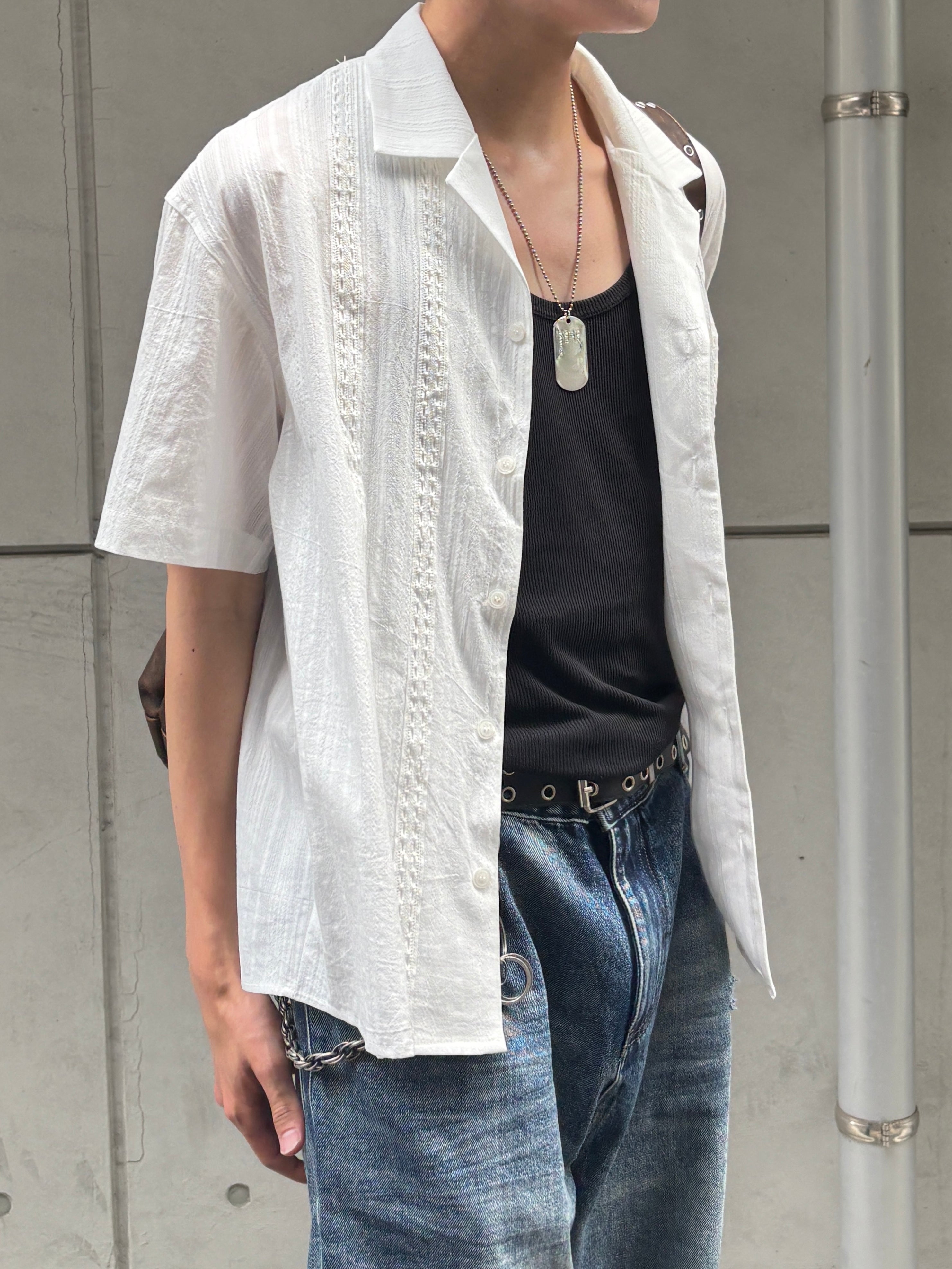 大阪店WEB限定受注制【Chikashitsu +】perforated open collar shirt (2color)