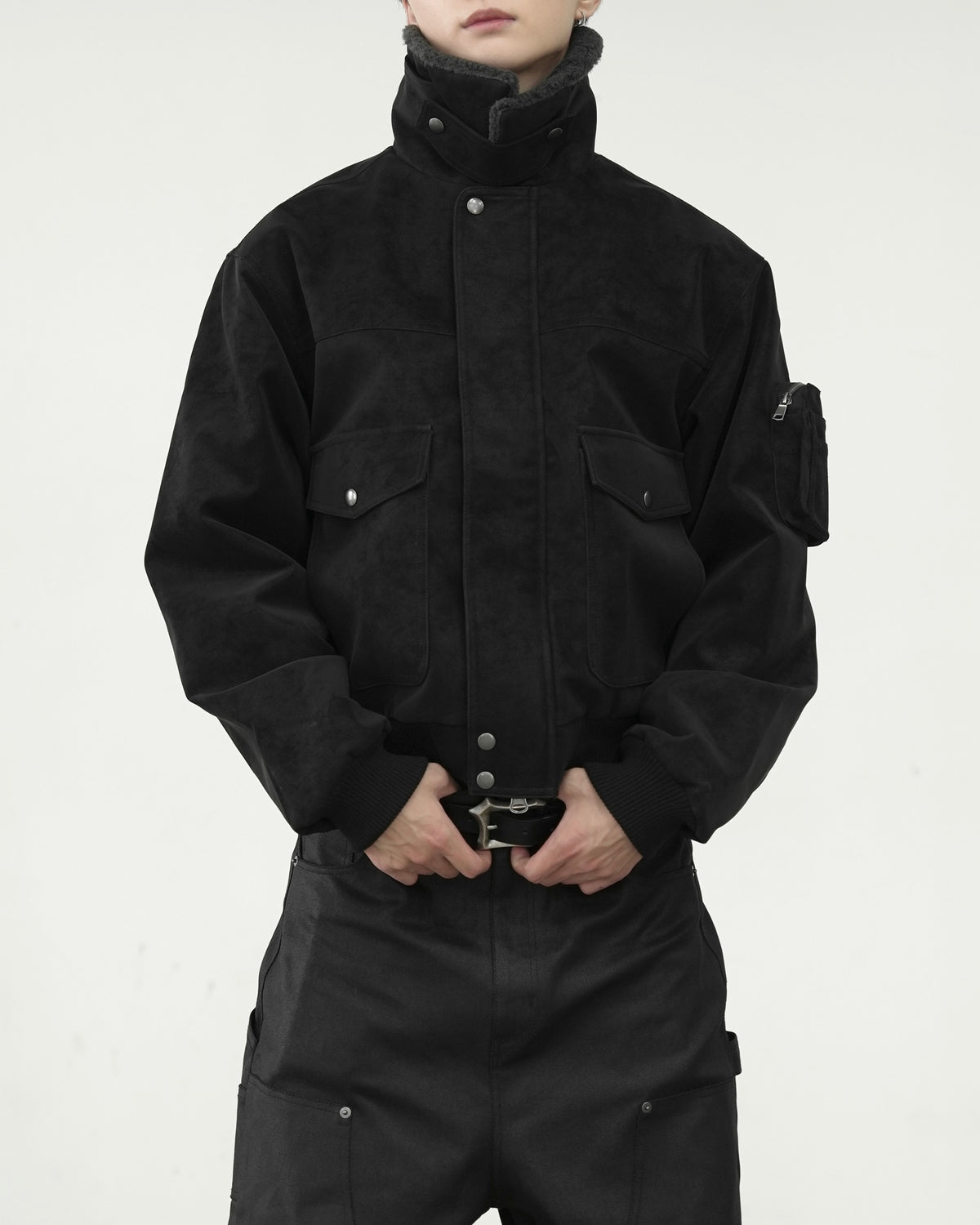 【CHIKASHITSU PLUS HIGH】Boa collar faux leather flight jacket