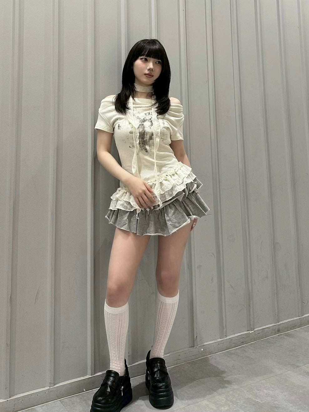受注制【nmtc+】Drape Neck Frill Tee Scarf Set (3color)