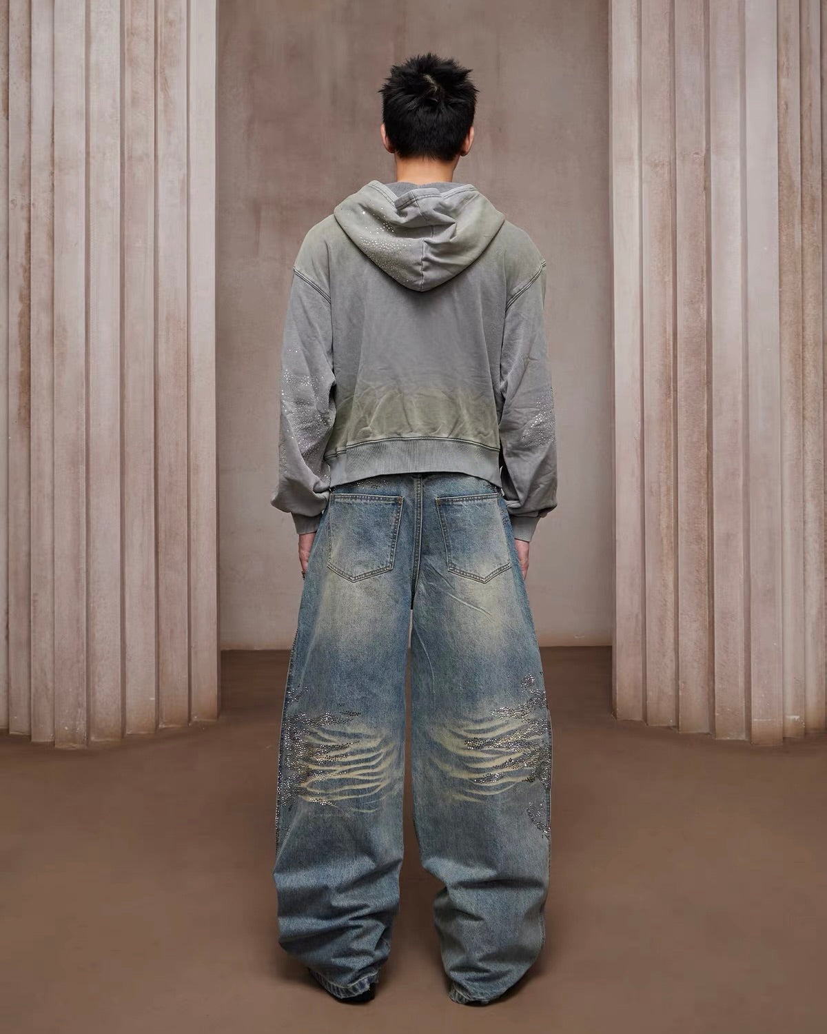 【DND4DES】Rhinestone Dirty Wash Denim Pants