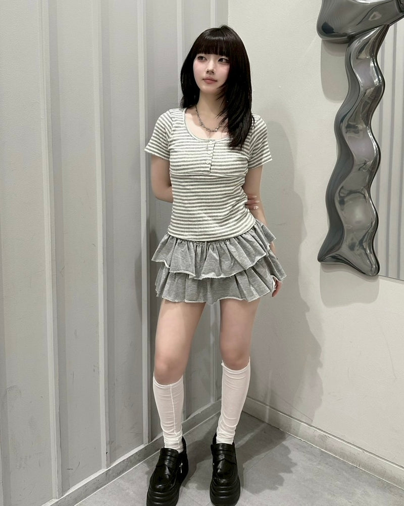 受注制【nmtc+】Stripe U-Neck Button Tee (2color)