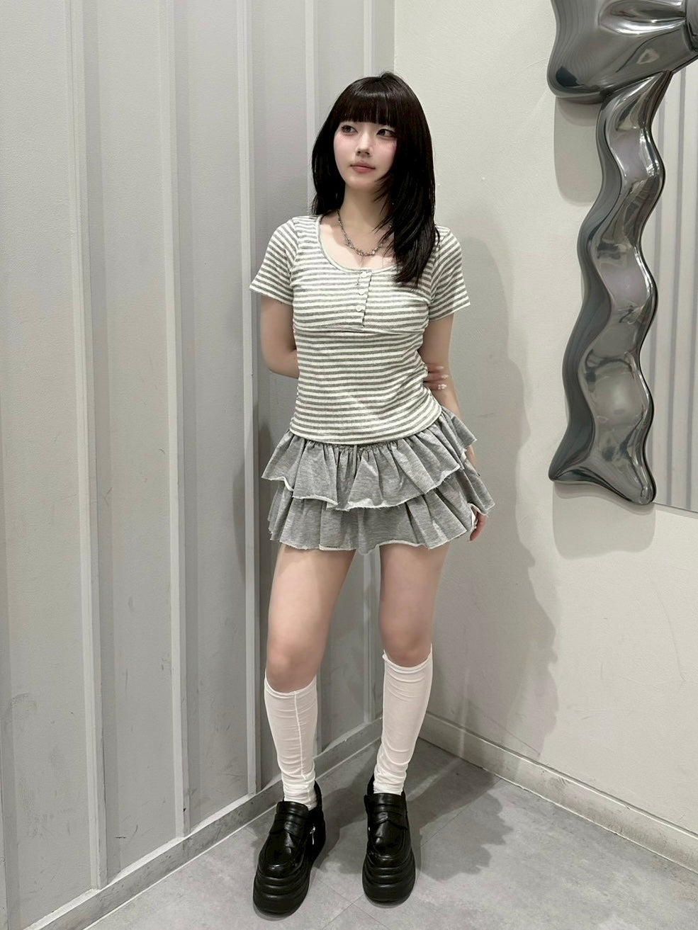7/4 20:00発売 受注制【nmtc+】Stripe U-Neck Button Tee (2color)