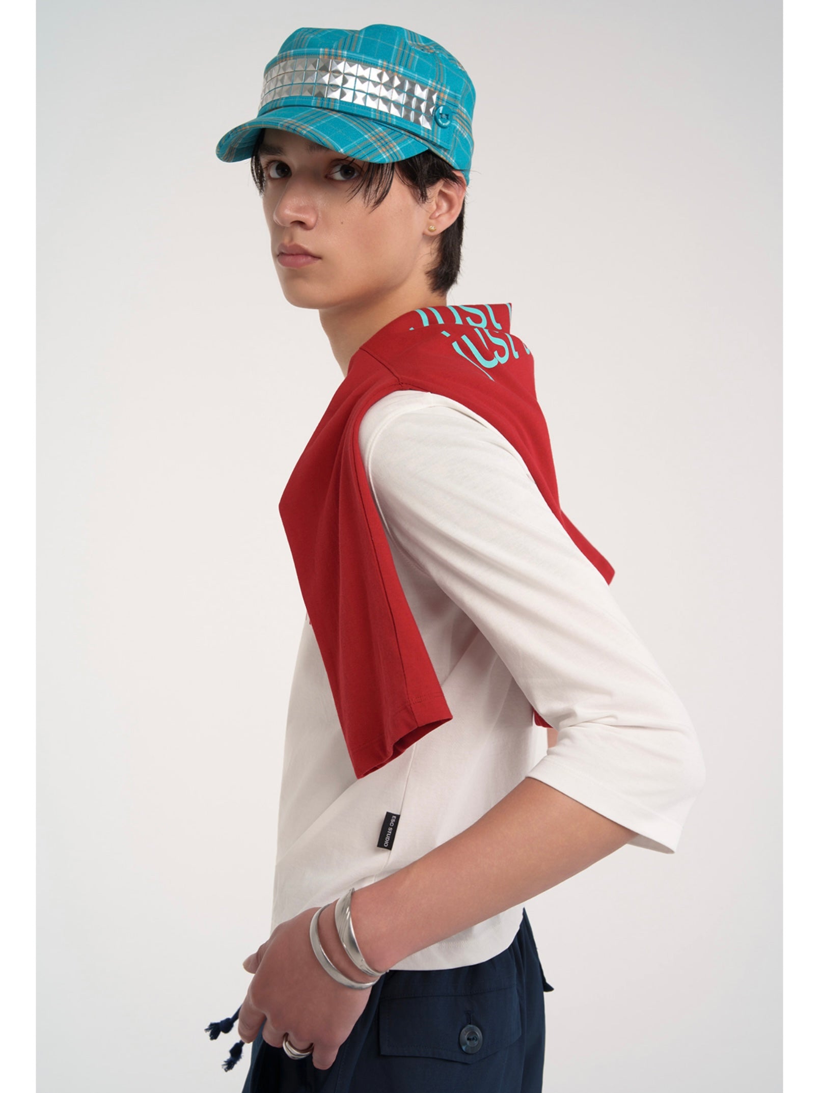【ESC STUDIO】Studded Plaid patch military cap