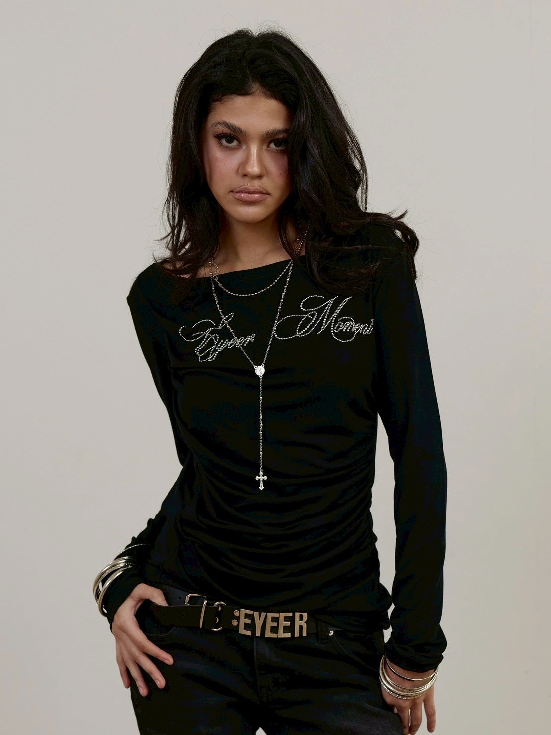 【EYEER】Hotfix Drape Off Shoulder Long Sleeve