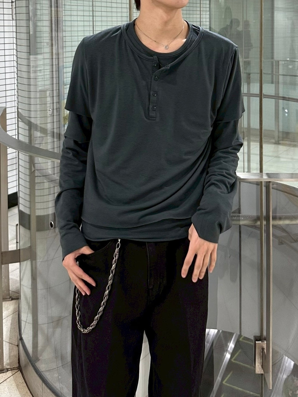 大阪店WEB限定受注制【Chikashitsu +】double layer henry long sleeve (3color)