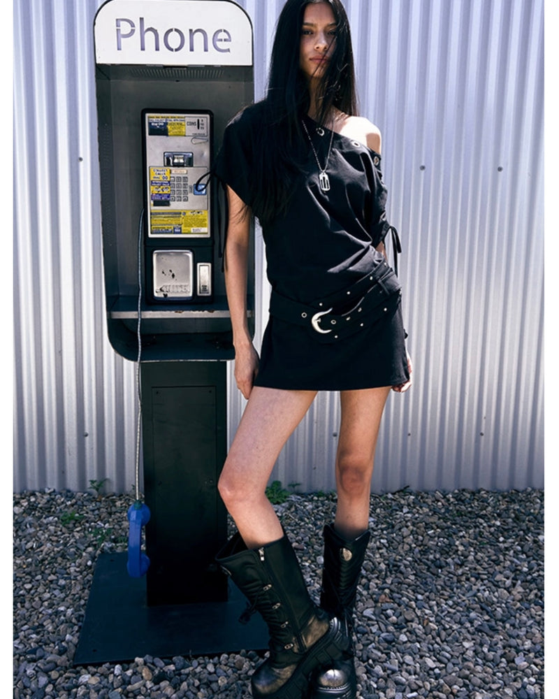 【NOT KNOWING】Eyelet Belted Dress