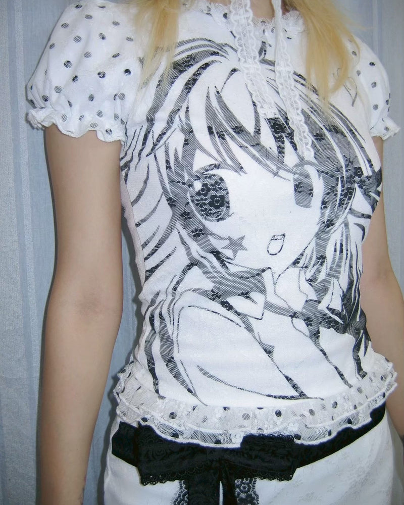 【SelfishGhost】Anime-themed lace print double-layer fabric tee