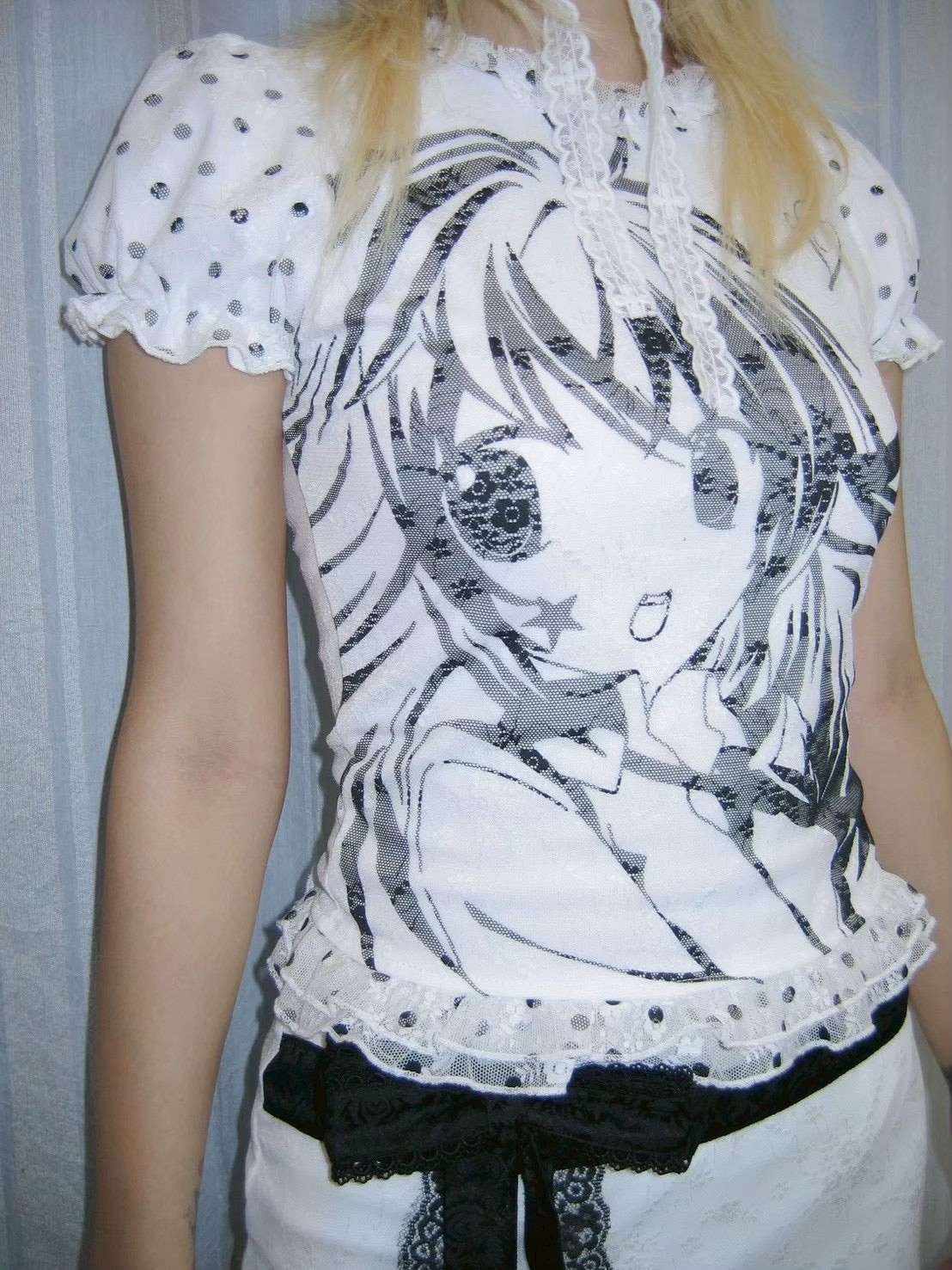 【SelfishGhost】Anime-themed lace print double-layer fabric tee