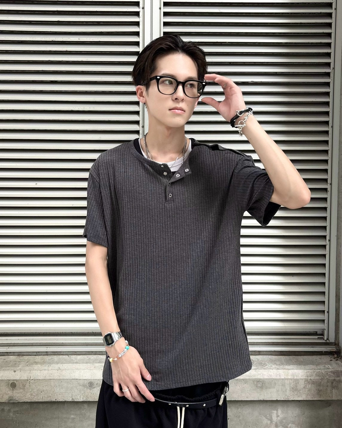 受注制【nmtc+】Shoulder Henley Eyelet Tee (3color)