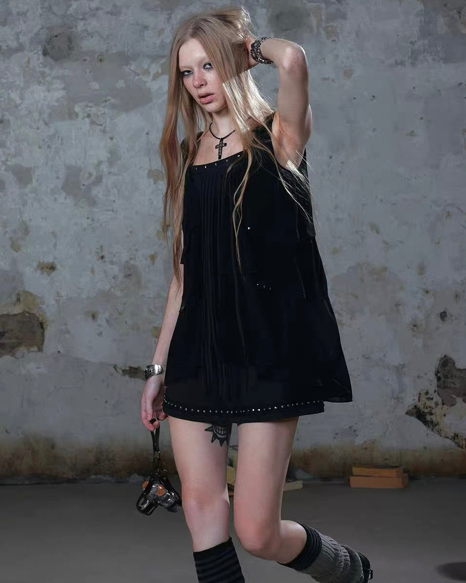 【Cest Nous】Black Tassel Layered Cake Slip Dress