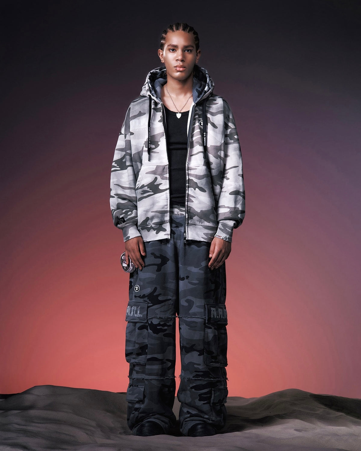 【NOMANUAL】AAPE X NMNL DOUBLE HOODED ZIP-UP(SAND CAMO)