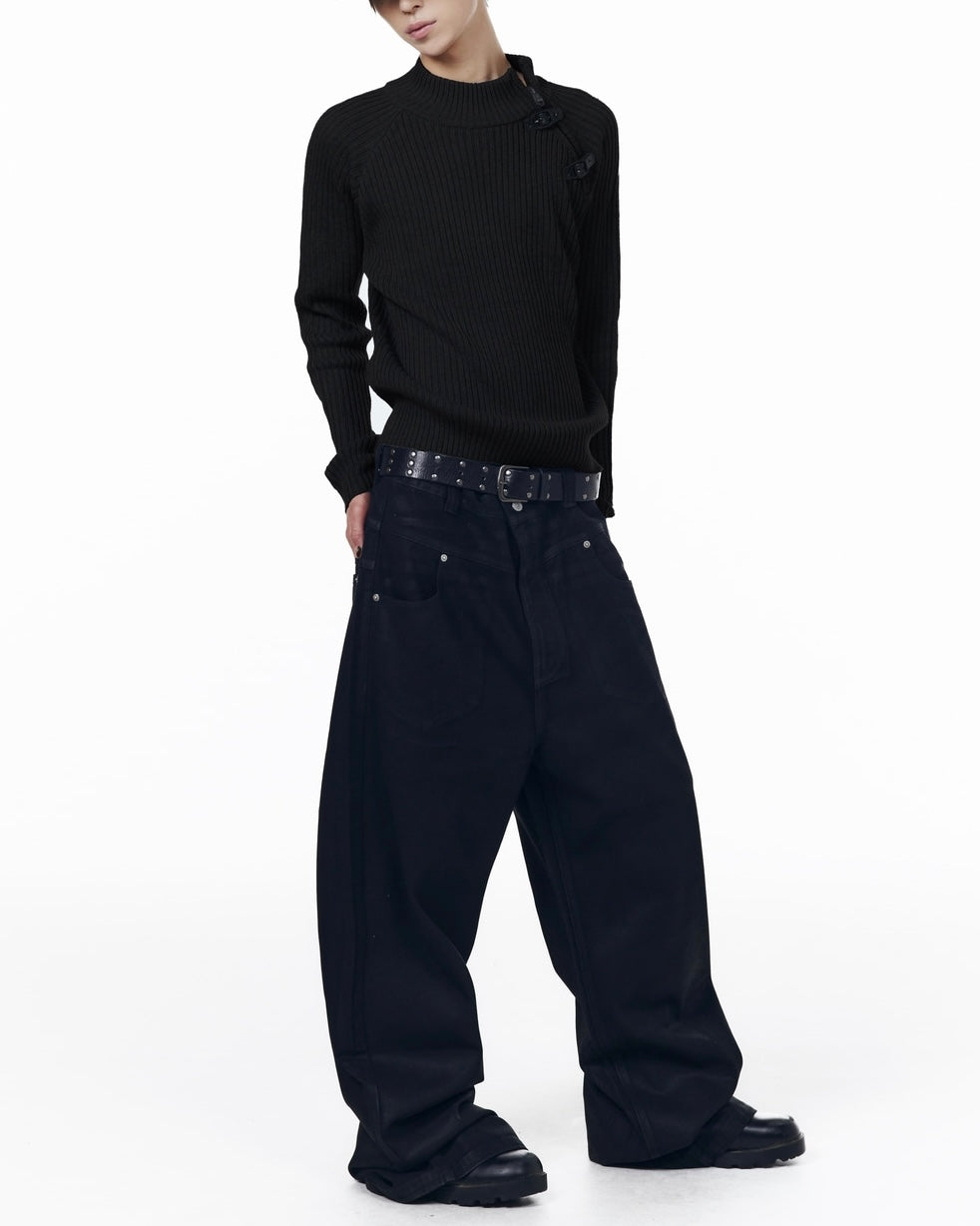 【AAKAM】Slant Zipper Belted Knit