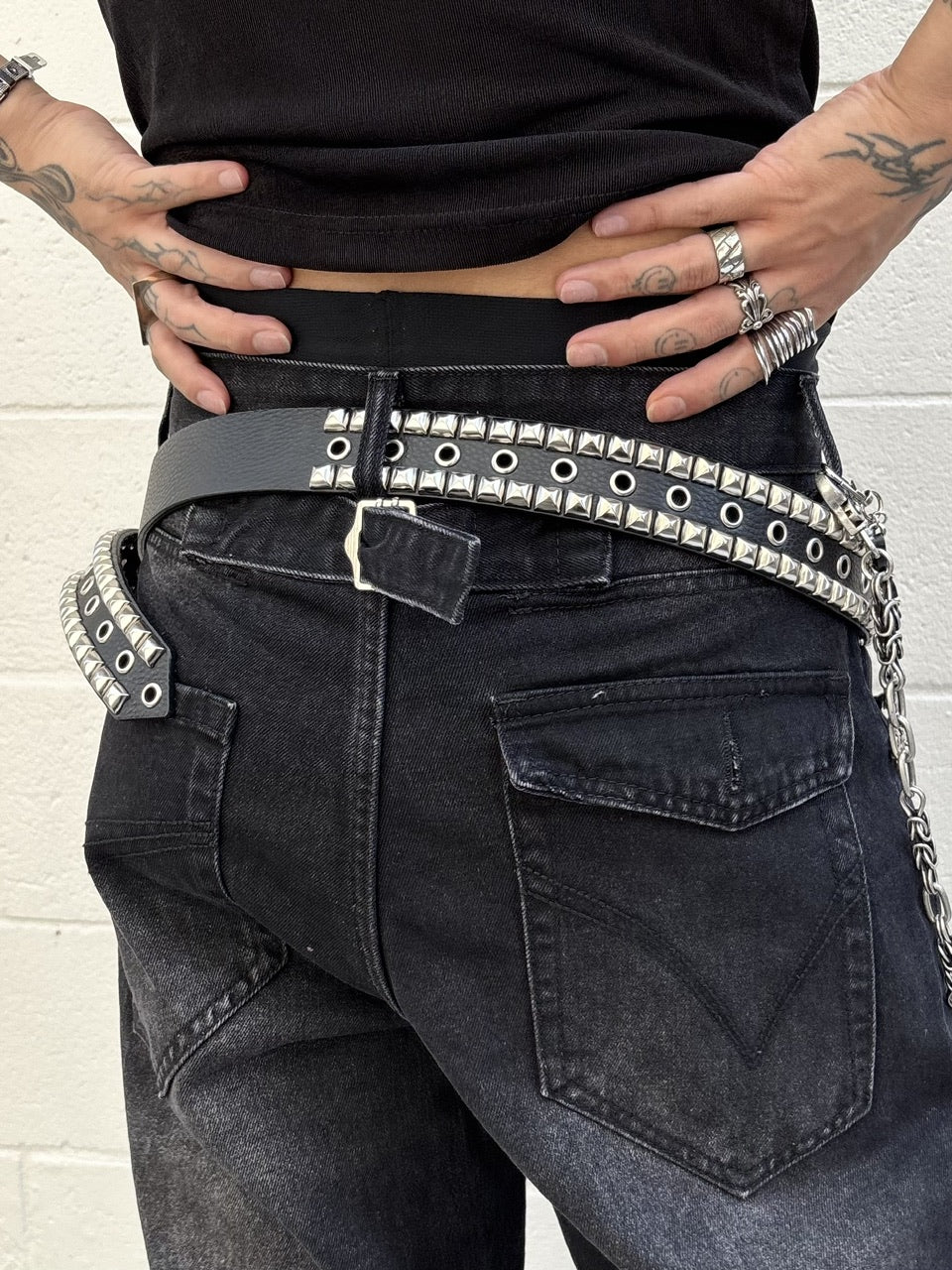 国際配送【Never mind the XU】studs washed wide denim pants (2color)